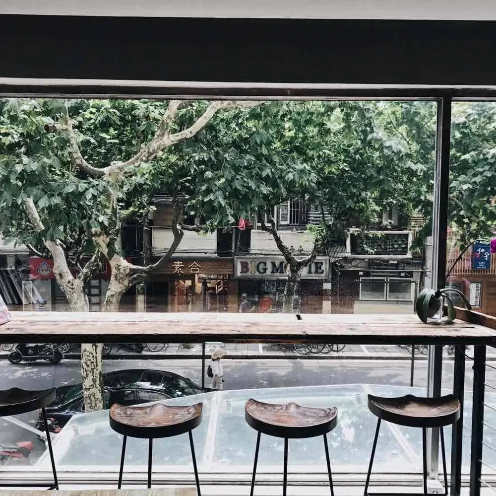 A quiet Shanghai cafe window overlooking the plane trees of Anfu Road