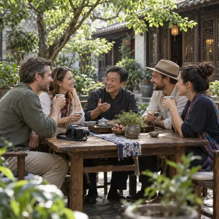 Travellers sharing stories over tea in a Chinese courtyard