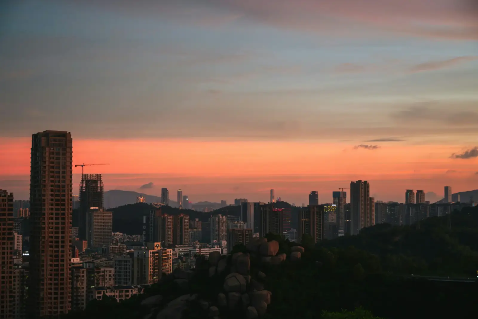 Zhuhai at nightfall, seen from a hillside
