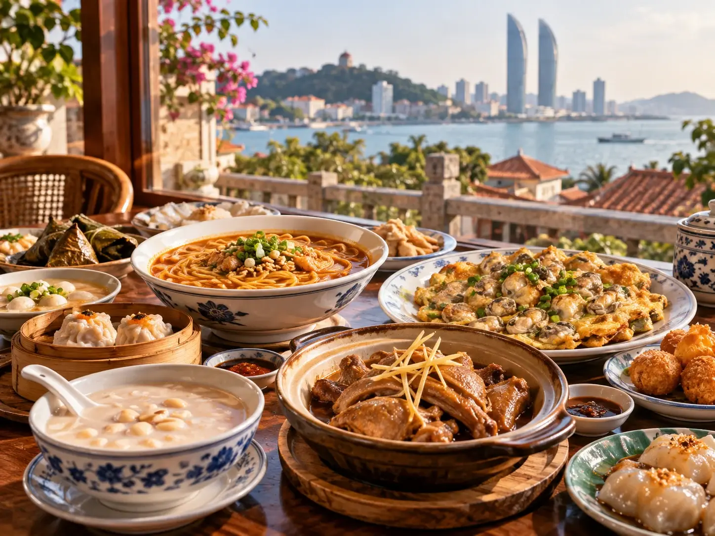 A table of Xiamen food by a sea-view window — satay noodles, oyster omelet, ginger duck, peanut soup and dim sum with the twin towers beyond