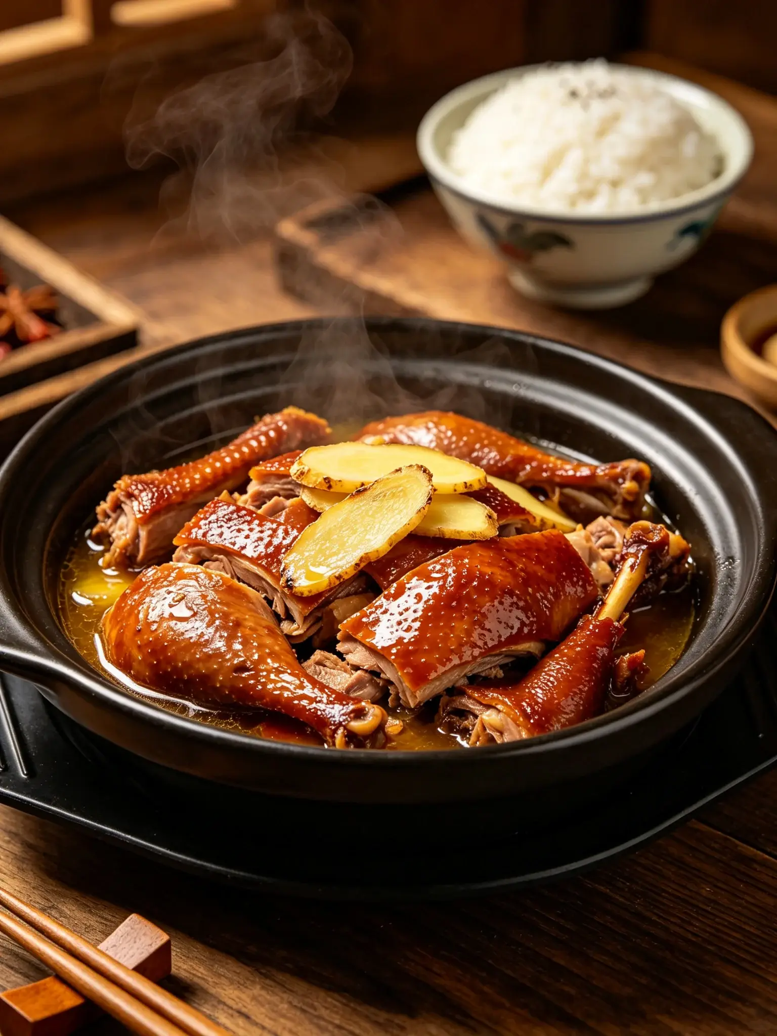 Xiamen ginger duck in a clay pot — glossy braised duck pieces with caramelised ginger slices and sesame oil, served with rice, steaming
