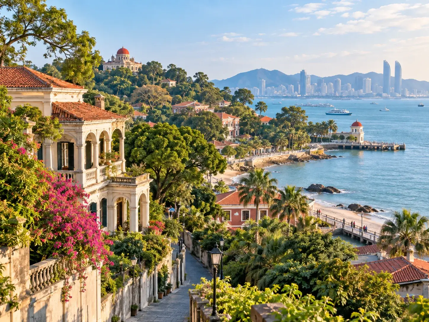 Gulangyu in Xiamen — colonial villas with arched colonnades and red roofs, a red-domed building, a cobblestone lane, palms and a pier by the sea