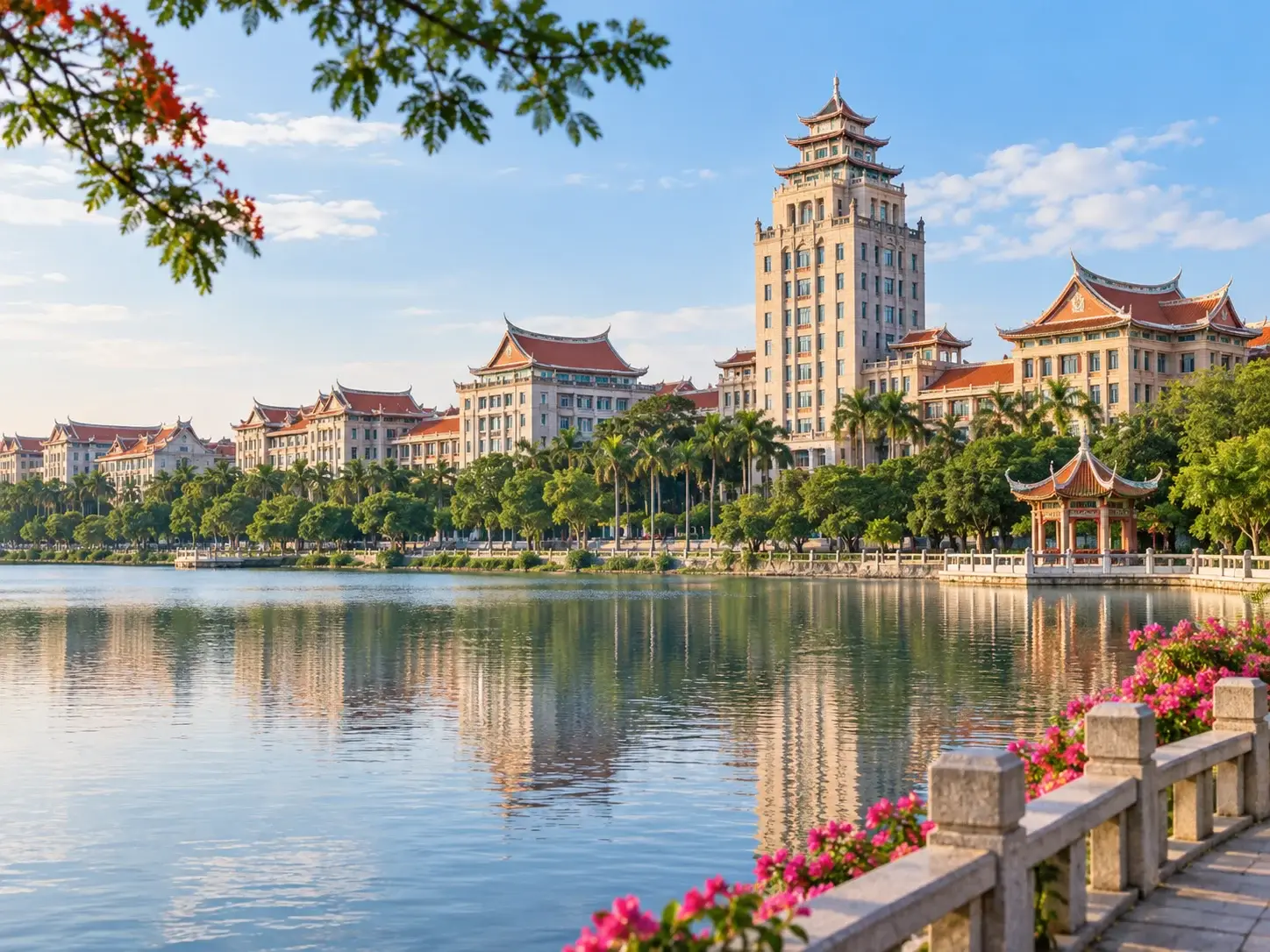 Jimei School Village in Xiamen — Jiageng-style buildings blending pagoda roofs and Western stone facades along the calm Dragon Boat Pool with reflections