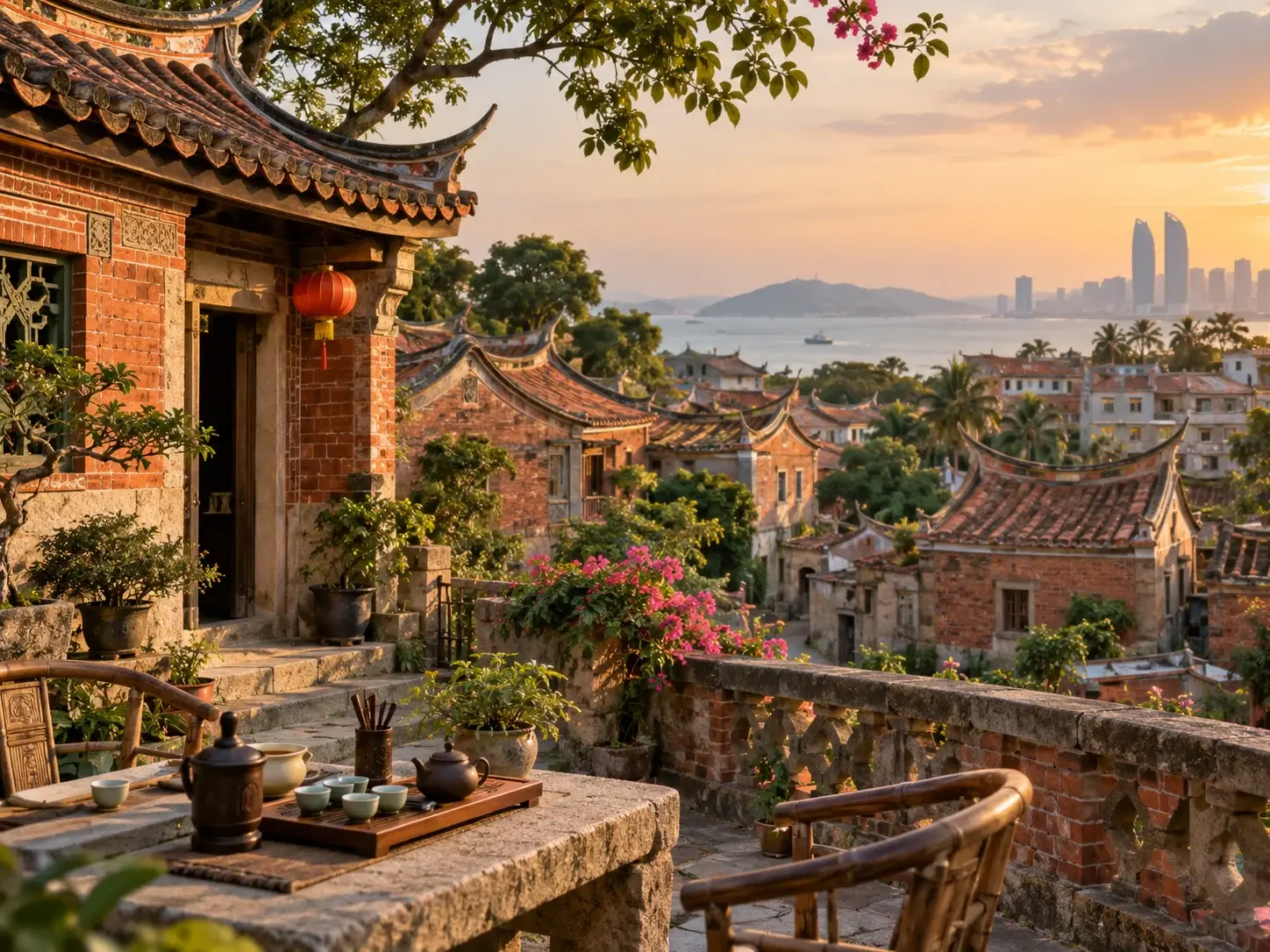 Minnan red-brick clan houses with swallow-tail roofs, a gongfu tea table on a stone terrace, a red lantern and bougainvillea at golden hour