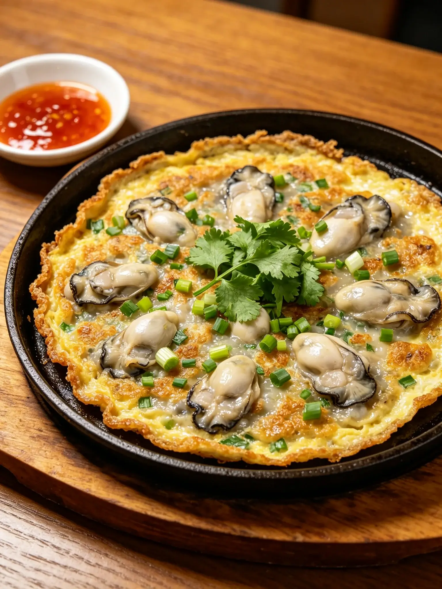 Xiamen oyster omelet on a sizzling plate — a golden sweet-potato egg pancake studded with fresh oysters, spring onion and coriander, with chili sauce