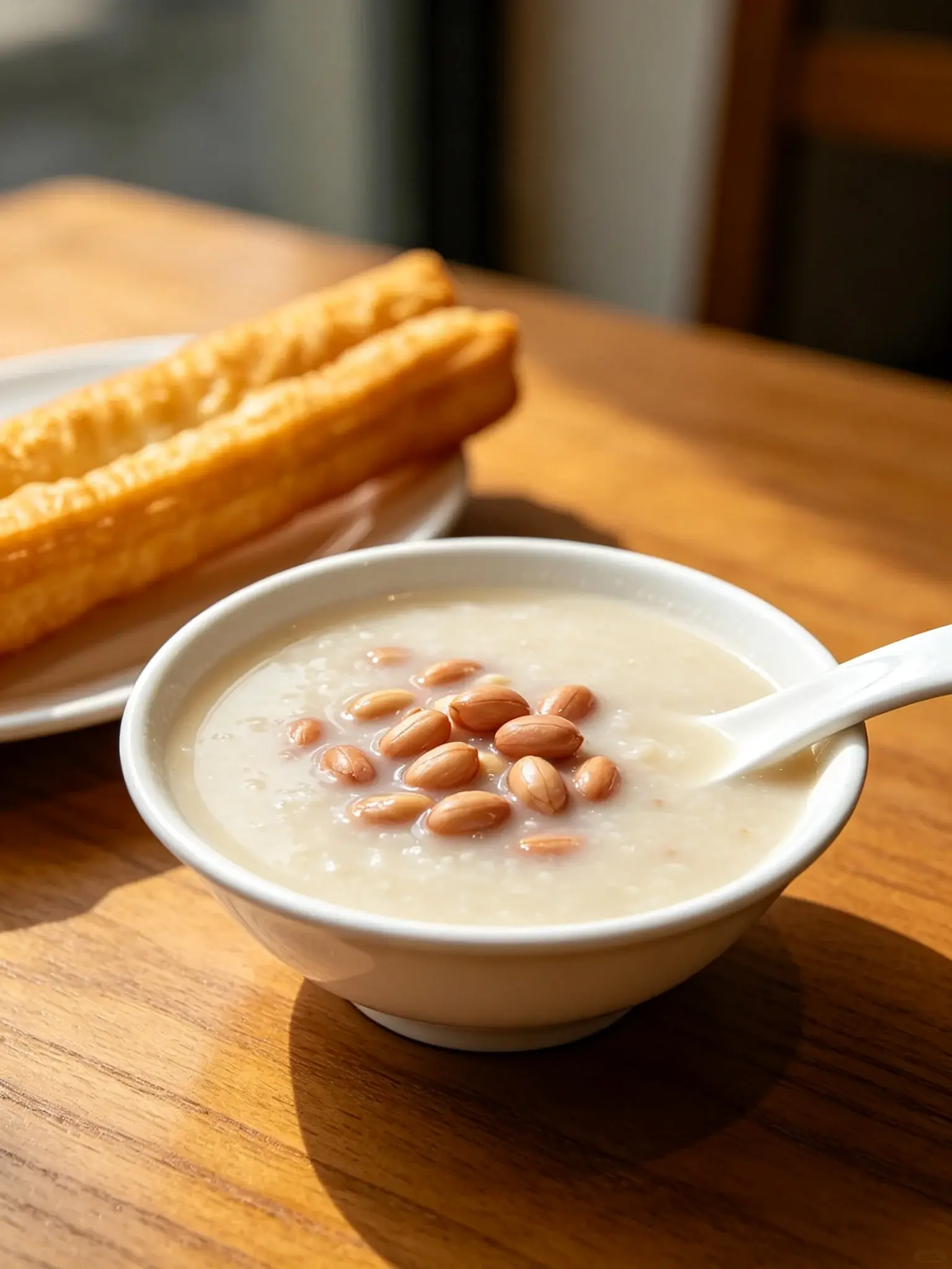 Xiamen peanut soup in a white bowl — a milky sweet broth with tender peanuts, served with a youtiao fried cruller in morning light