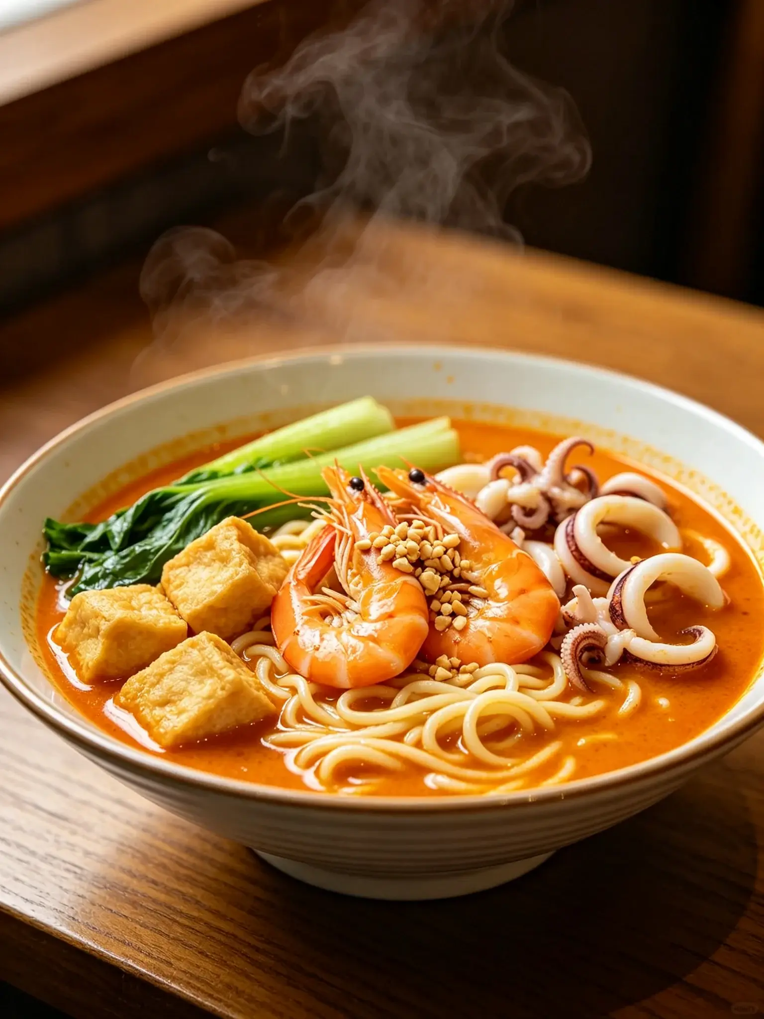 Xiamen satay noodles in a bowl of rich orange broth with shrimp, squid, tofu puffs, bok choy and crushed peanuts, steaming