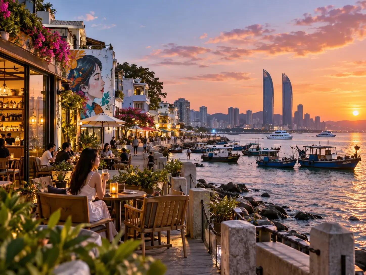 Shapowei old harbour in Xiamen at sunset — fishing boats, waterfront cafes with a mural, a promenade and the lit twin-tower skyline across the water