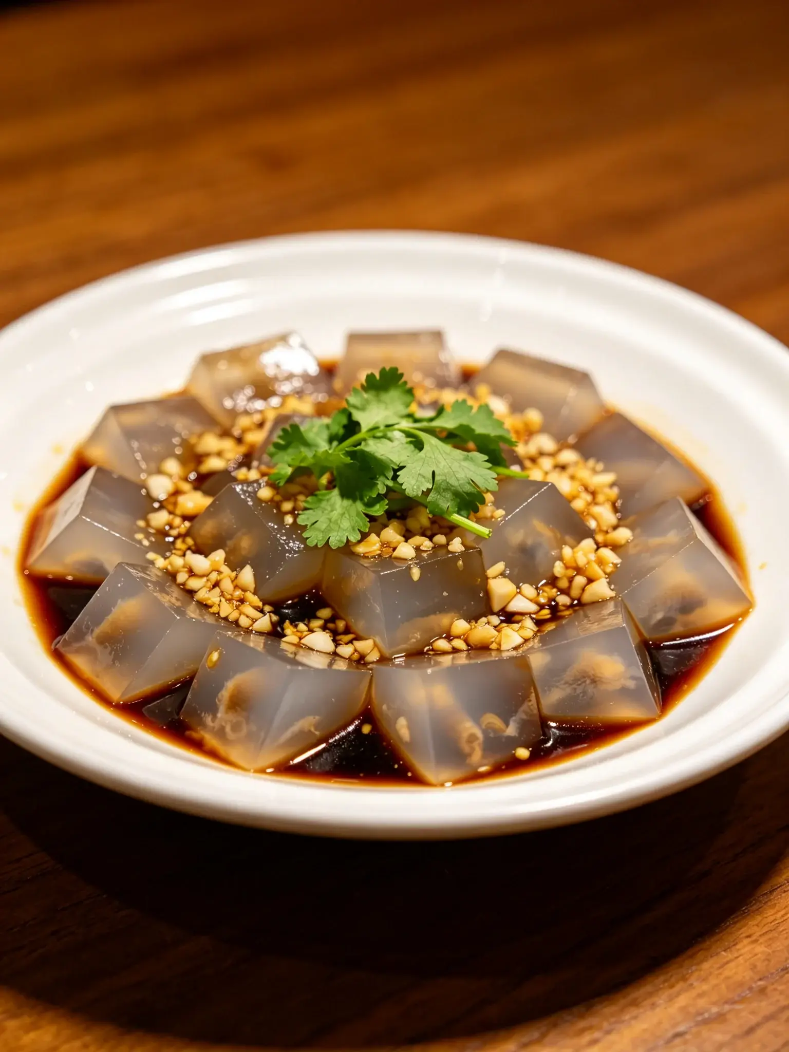 Xiamen tusundong — translucent cubes of savoury seafood jelly in soy and garlic sauce with coriander and crushed peanuts on a white plate
