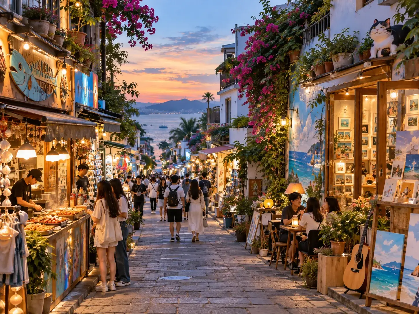 Zengcuo'an artistic quarter in Xiamen at dusk — lively food stalls, art shops, paintings, a guitar, bougainvillea and people strolling toward the sea