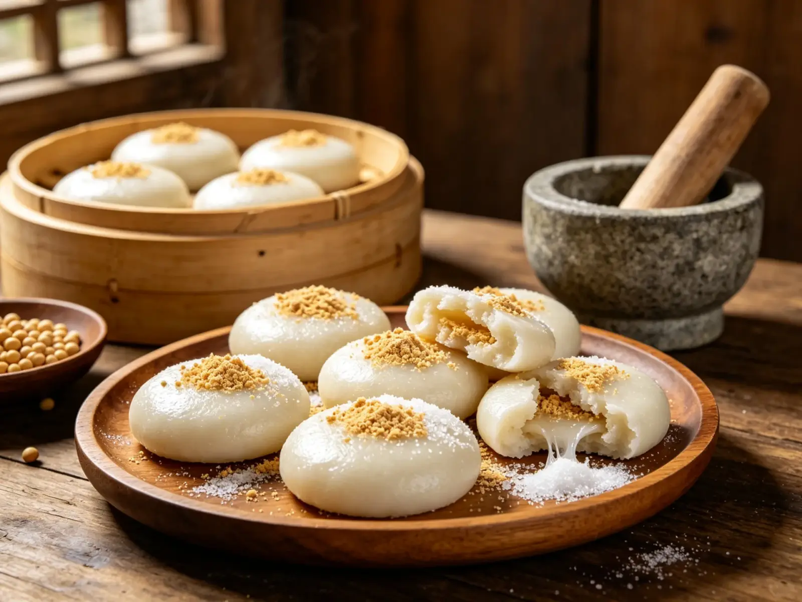 Ciba glutinous rice cakes — round white pounded-rice cakes dusted with soybean flour and sugar, one torn open to show the stretch, in a bamboo steamer