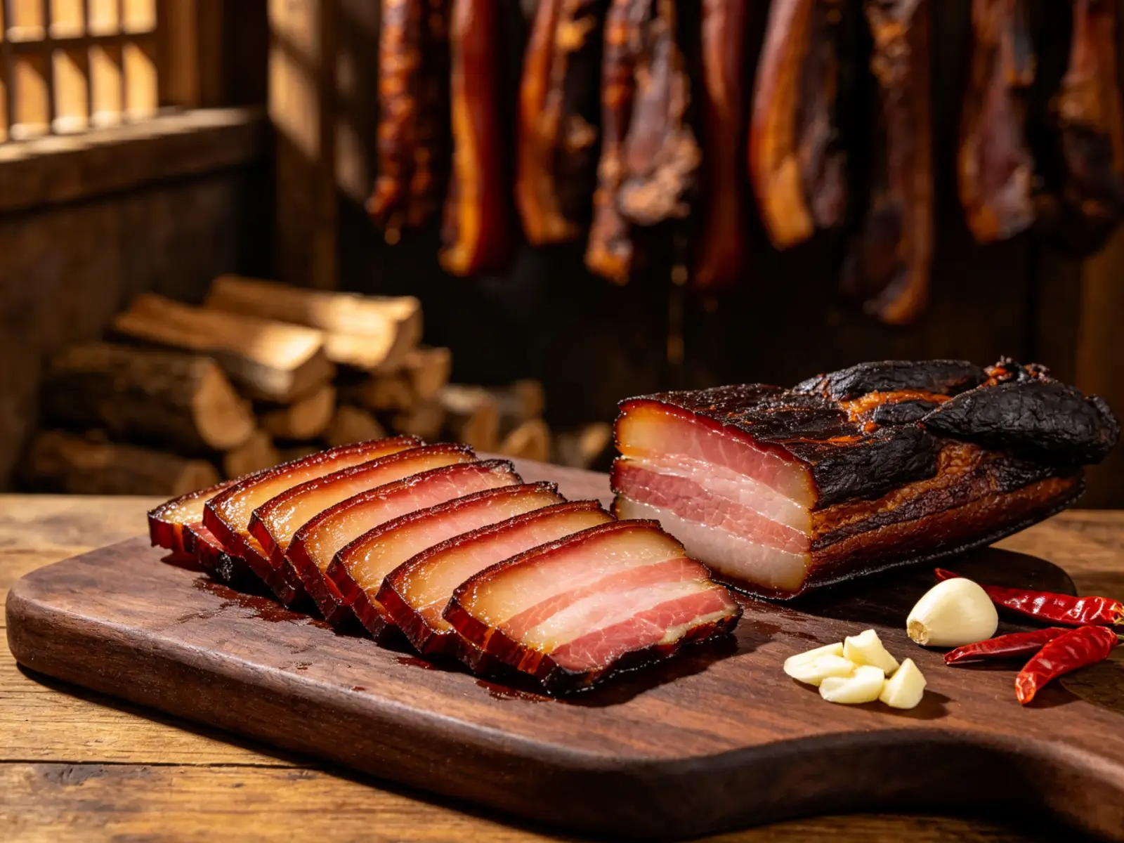 Tujia cured meat — thin slices of smoked pork belly with deep red and amber layers arranged on a dark wooden board, with garlic and dried chillies