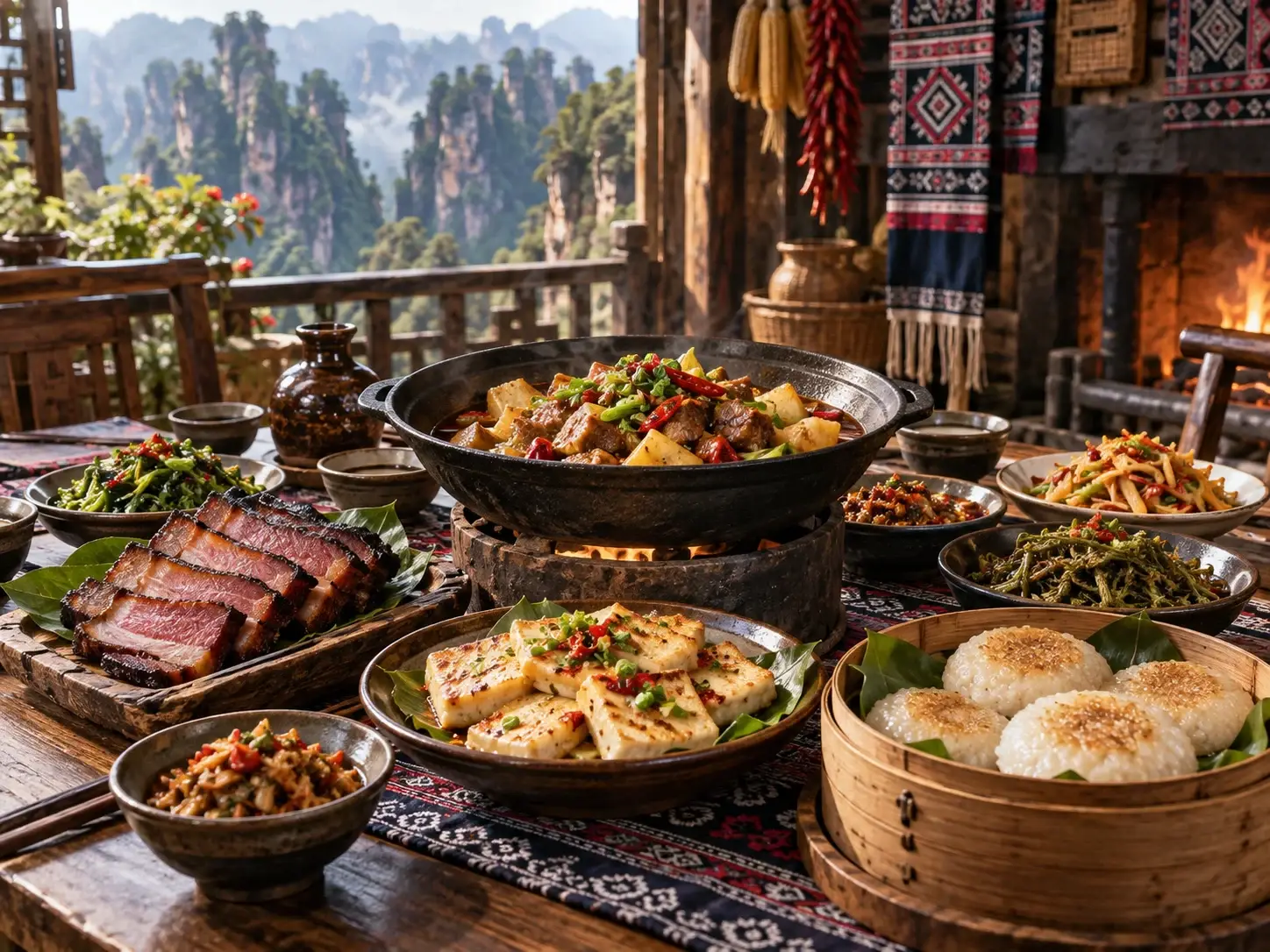 A Tujia mountain meal in Zhangjiajie — a hot pot, sliced cured meat, rice tofu and glutinous rice cakes on a wooden table with pillar peaks beyond the balcony and a hearth fire