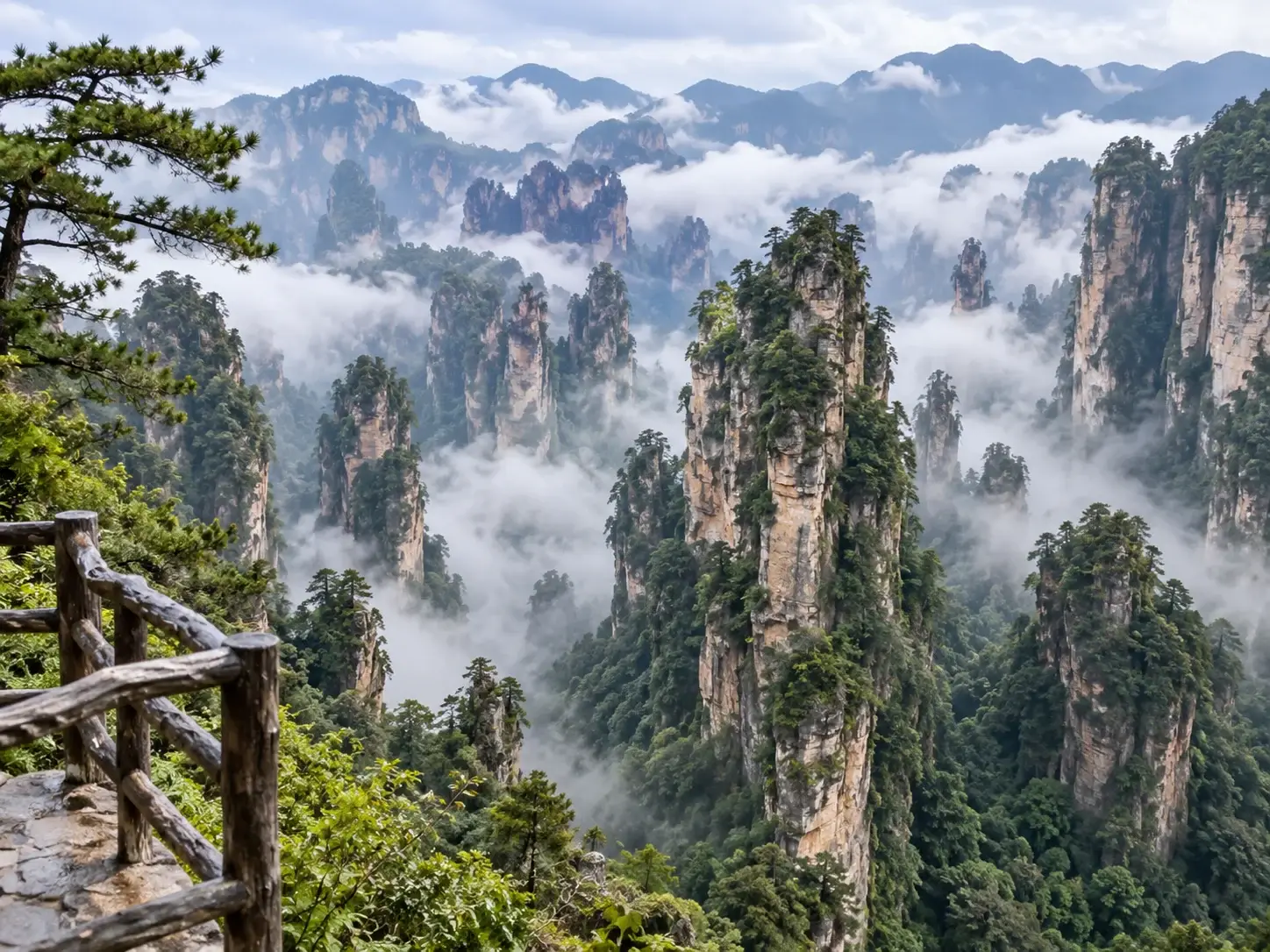 Zhangjiajie National Forest Park — dense quartz-sandstone pillar peaks rising above mist, with a wooden railing viewpoint among pine trees