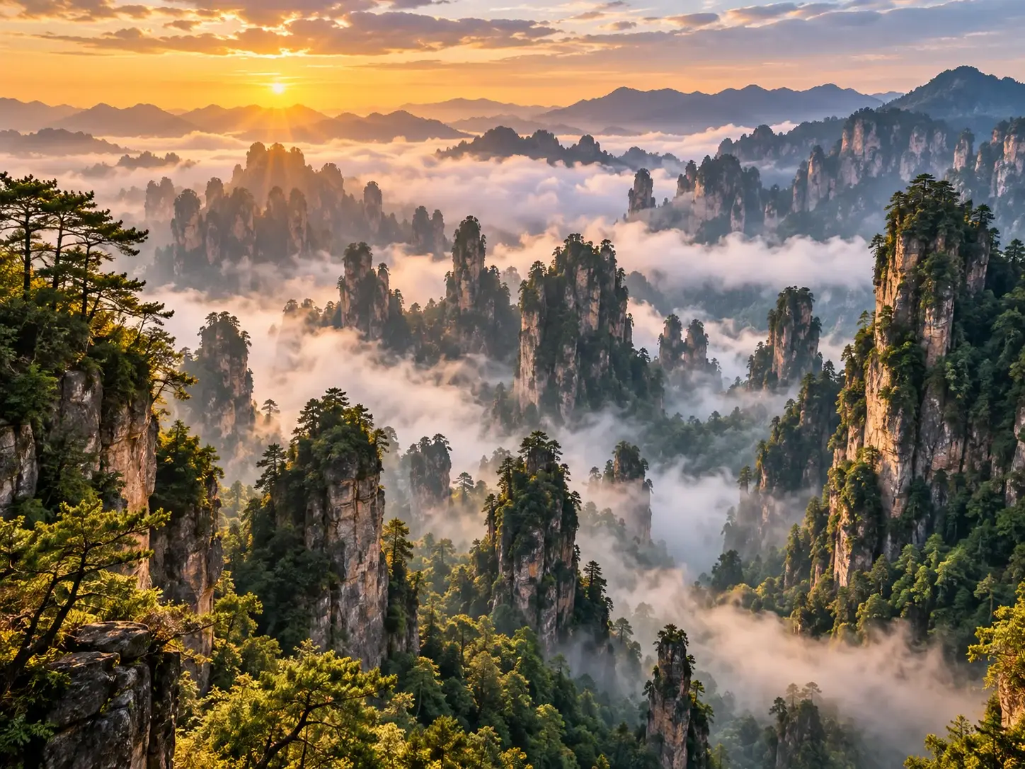 Zhangjiajie at sunrise — a vast forest of towering quartz-sandstone pillar peaks rising above a sea of cloud, with pine trees on the cliffs and golden morning light