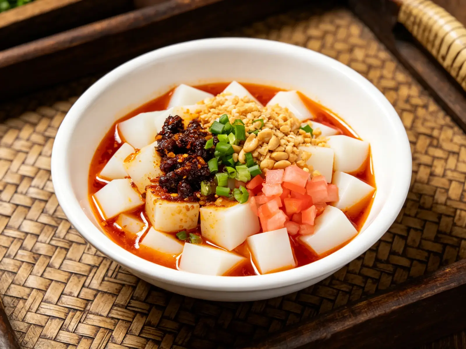 Rice tofu in a white bowl — tender white cubes dressed with red chilli oil, fermented beans, crushed peanuts, scallions and pickled radish