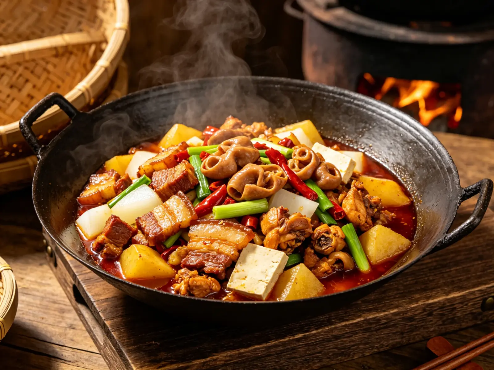Zhangjiajie sanguoxia hot pot — a black wok simmering with pork belly, chicken, offal, potato, radish, tofu, red chillies and garlic greens, steaming over a fire