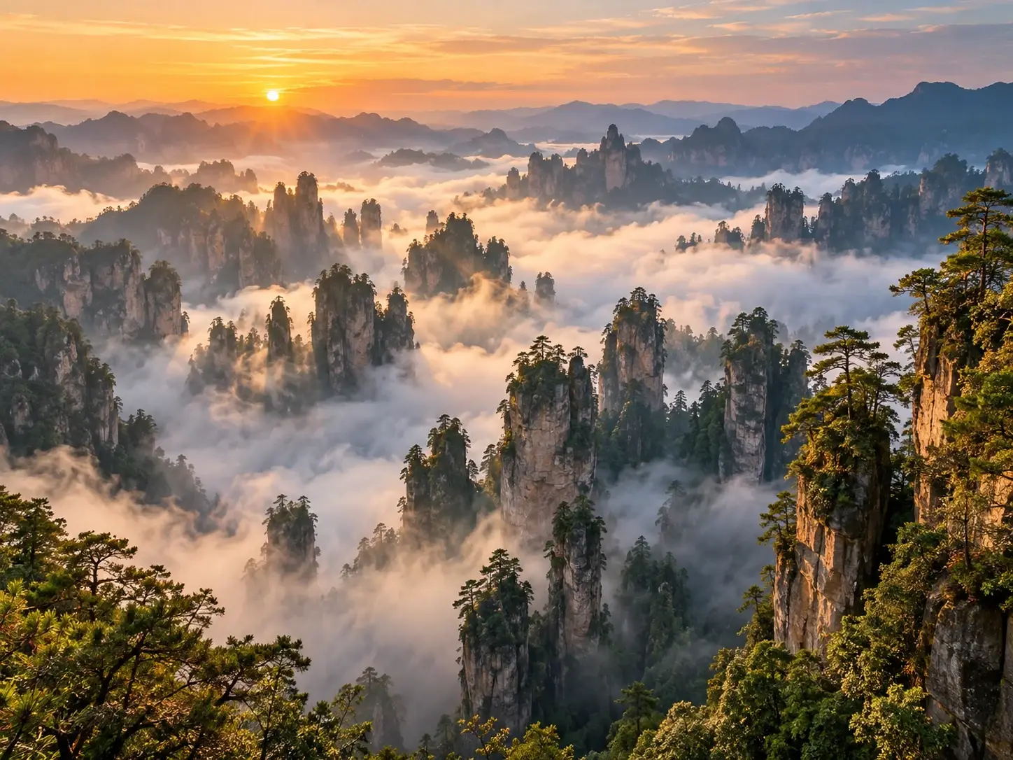 Tianzishan at dawn — pillar peaks emerging from a glowing sea of cloud as the sun rises, golden light over layered mountains