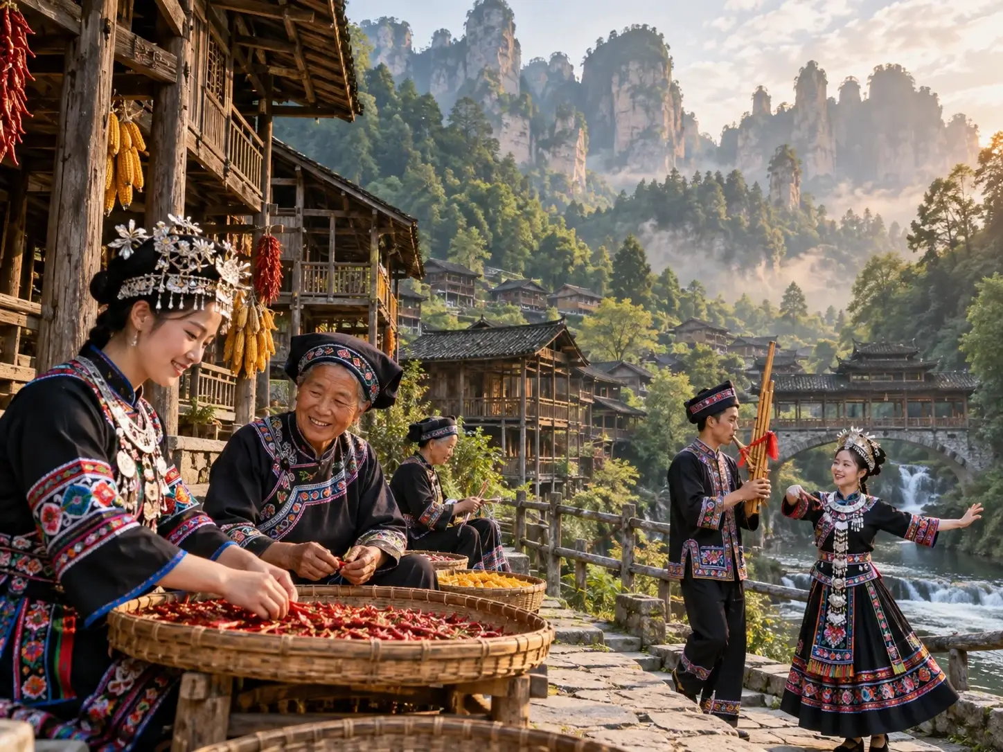 A Tujia and Miao mountain village in Zhangjiajie — wooden stilted houses, people in embroidered ethnic dress and silver headdresses, a lusheng player, drying chillies and corn, with pillar peaks behind