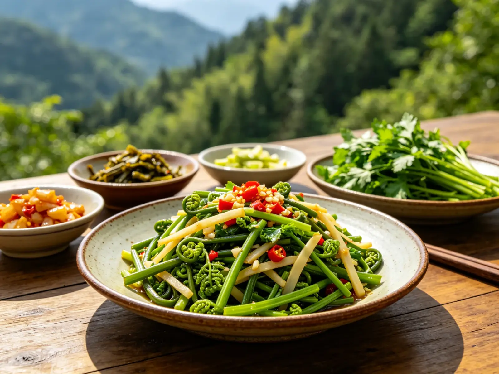 Wild mountain vegetables — a plate of stir-fried fiddleheads, wild celery and bamboo shoots with red chillies and garlic, with forested mountains behind