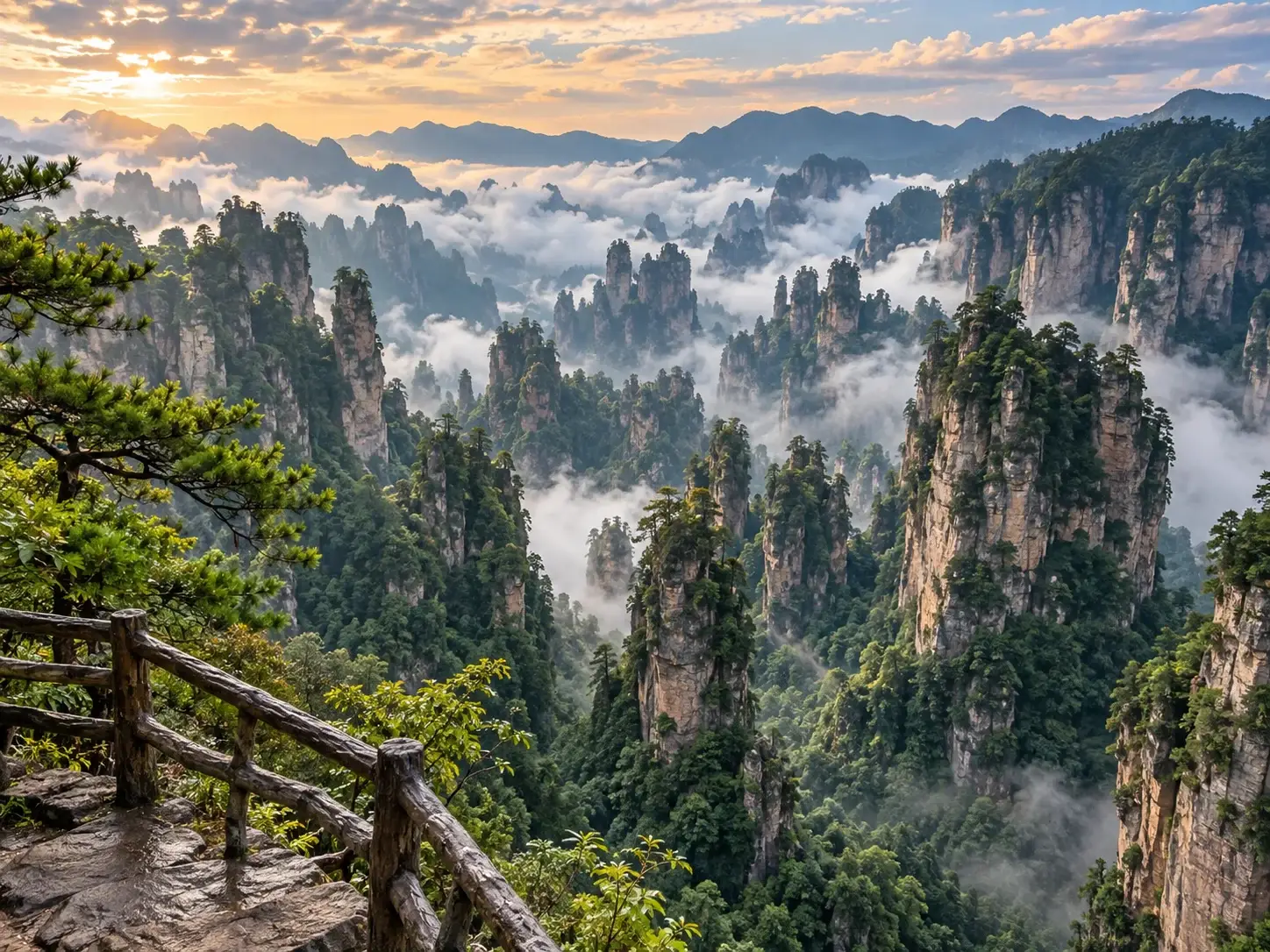 Wulingyuan in Zhangjiajie — a vast expanse of quartz-sandstone pillar peaks bathed in golden light above a sea of cloud, with a wooden viewing platform in the foreground