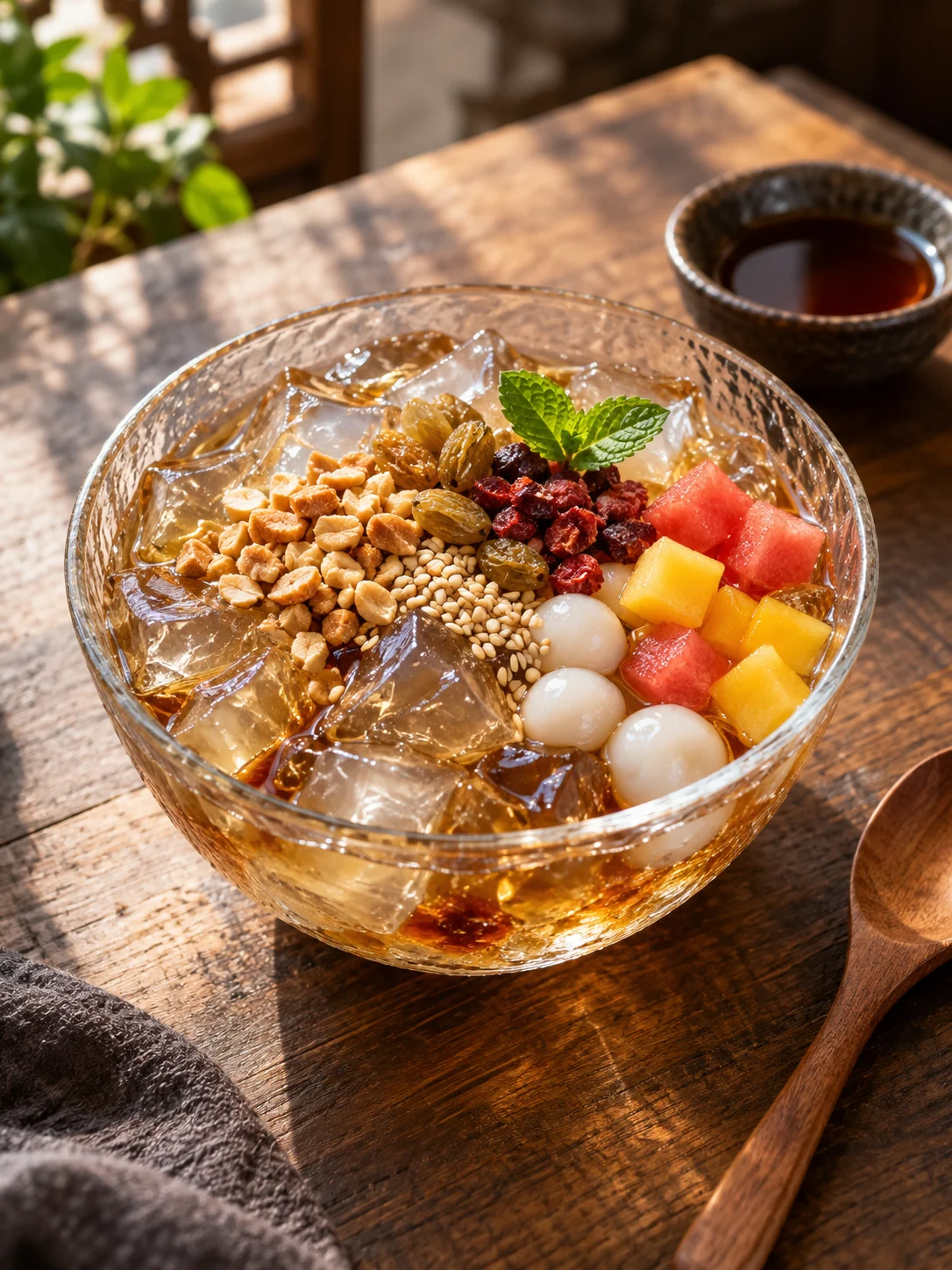 AI-generated illustration of brown-sugar bingfen with fruit and peanut toppings