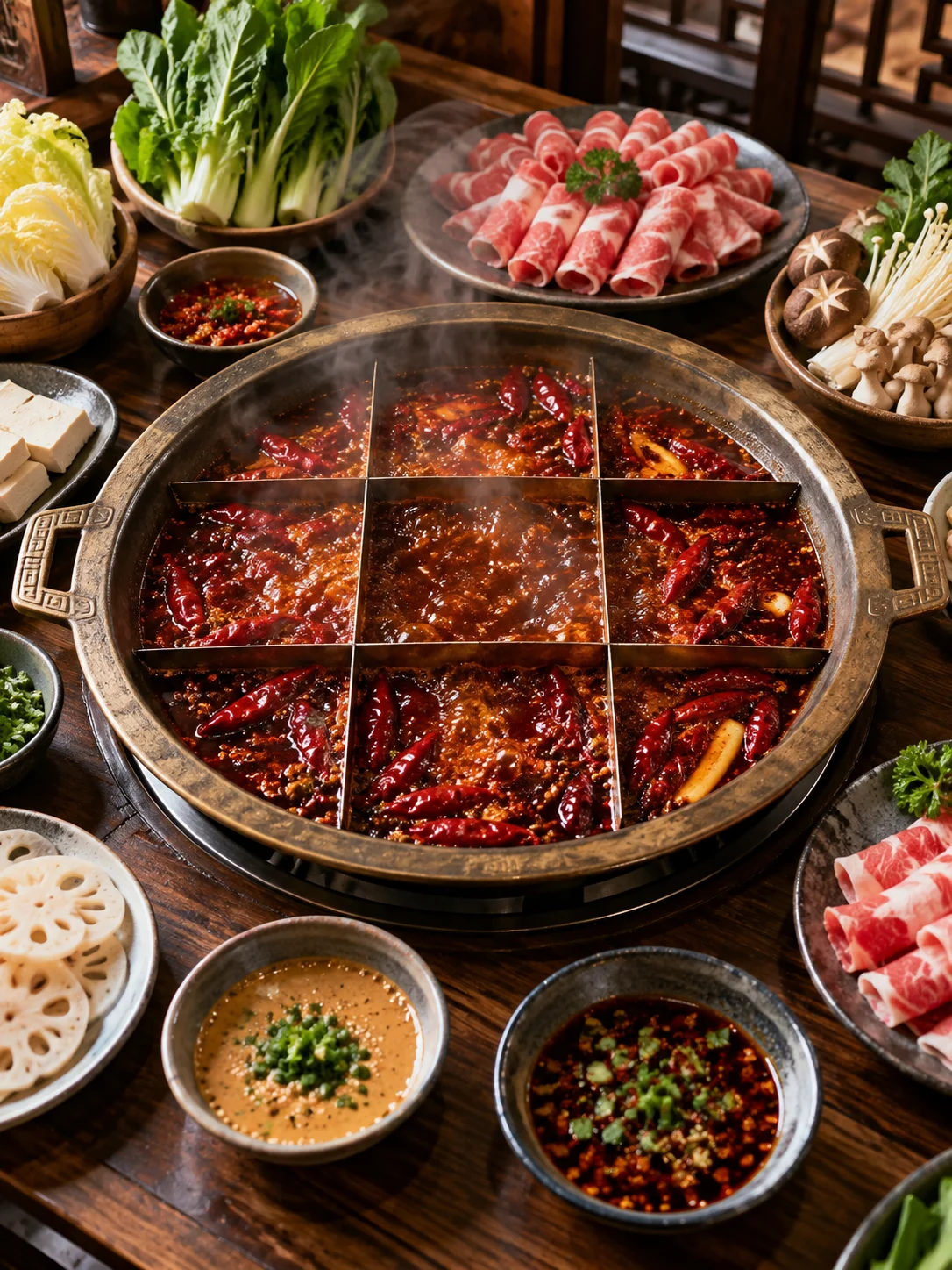 AI-generated illustration of Chongqing nine-grid hot pot with fresh ingredients